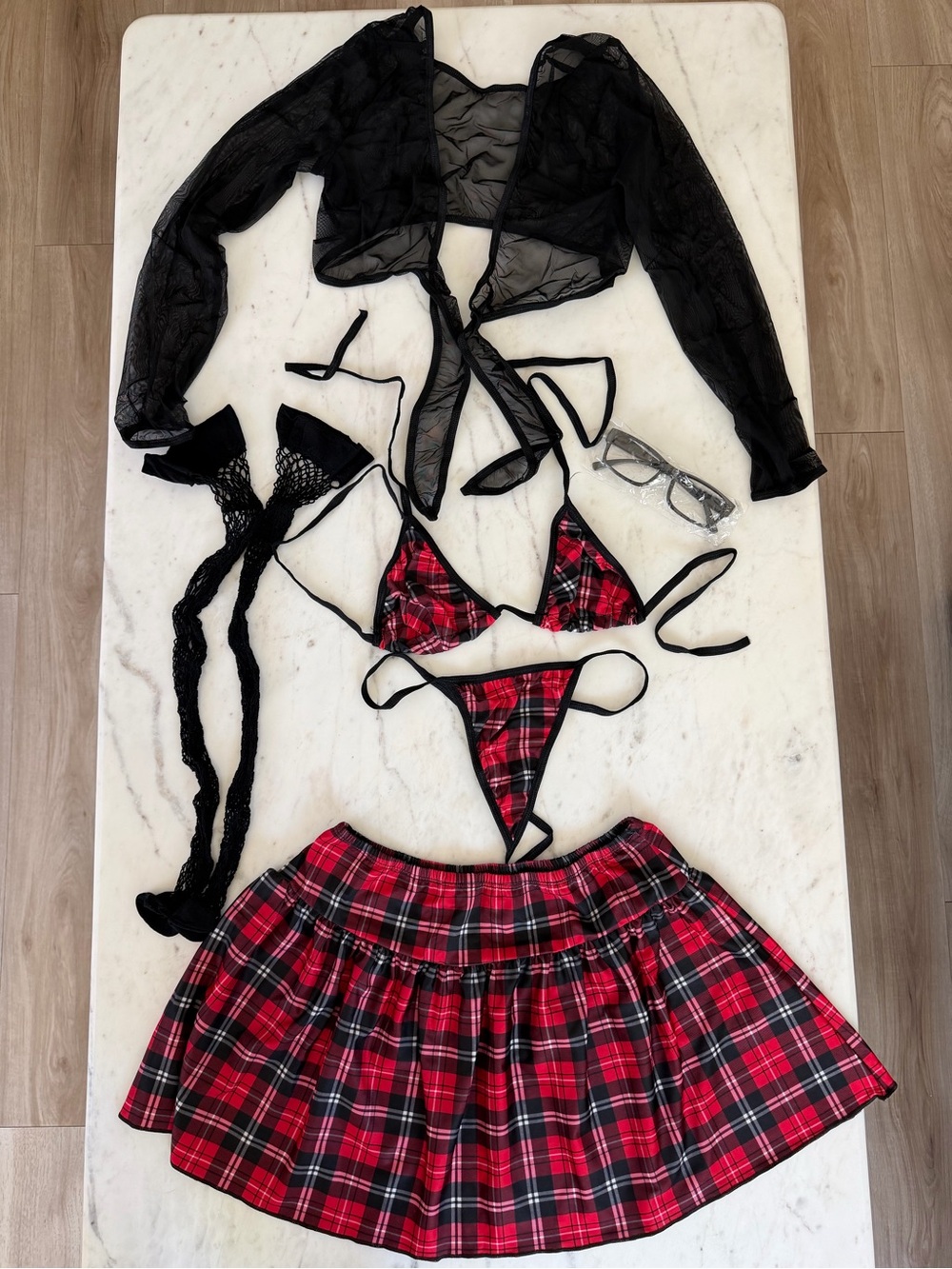 XProvocator Schoolgirl Costume Set - Plaid Skirt & Sheer Cardigan - Size XS-S